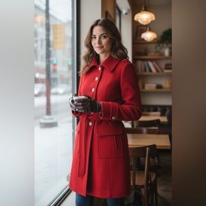 VTG Laundry Shelli Segal Red Military Coat w Buttons Double Pockets Sz 4 Wool